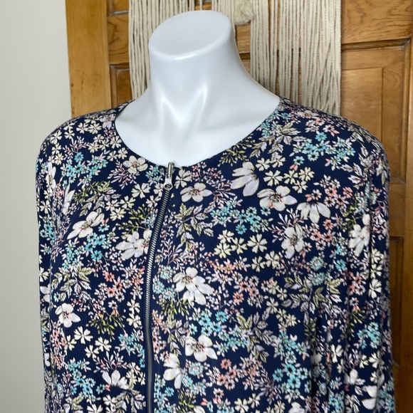 Fever Blue Floral Long Sleeves Zip Up Gathered Hem Relaxed Lightweight Jacket - Picture 12 of 14